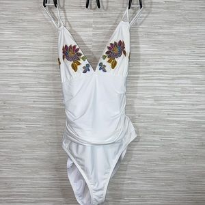 Bleu Rod Beattie 14 one piece swimsuit with multi color embroidery